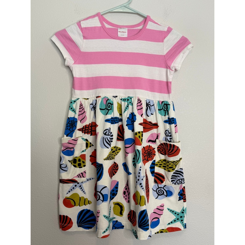 Hanna Andersson Girls Pink Striped Seashell Pocket Dress 120cm US 6-7 Cotton